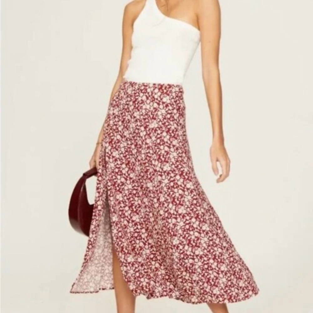 Reformation Burgundy Floral A-Line Midi Skirt